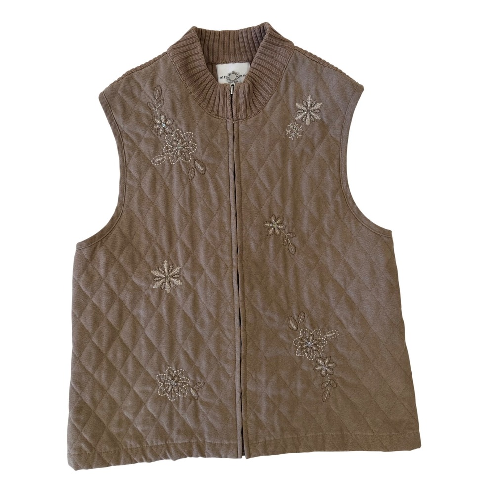 Alfred Dunner Brown Quilted Embroidered Floral Ribbed Back Vest Size 12